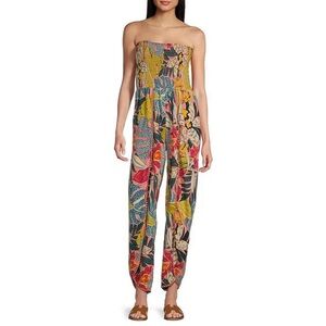 Angie Smocked Strapless Split Tropical Floral Jumpsuit